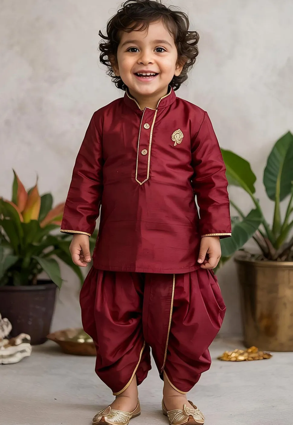 Embroidered Dupion Silk Kurta Set in Maroon