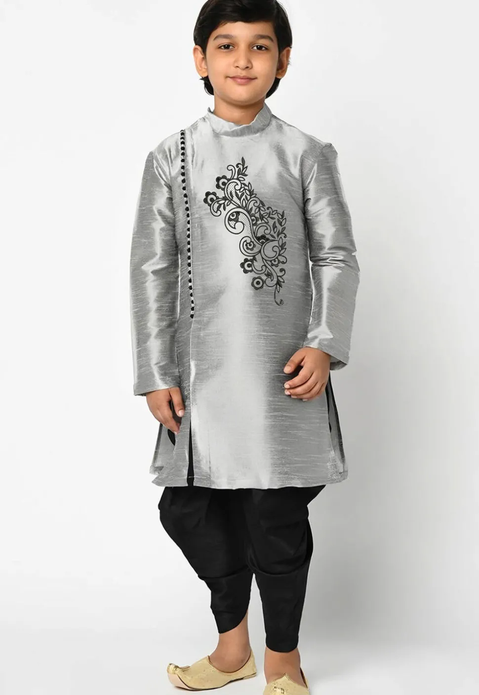 Embroidered Dupion Silk Kurta Set in Grey