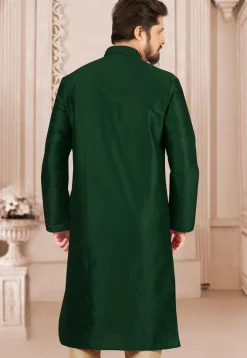 Embroidered Dupion Silk Kurta Set in Dark Green