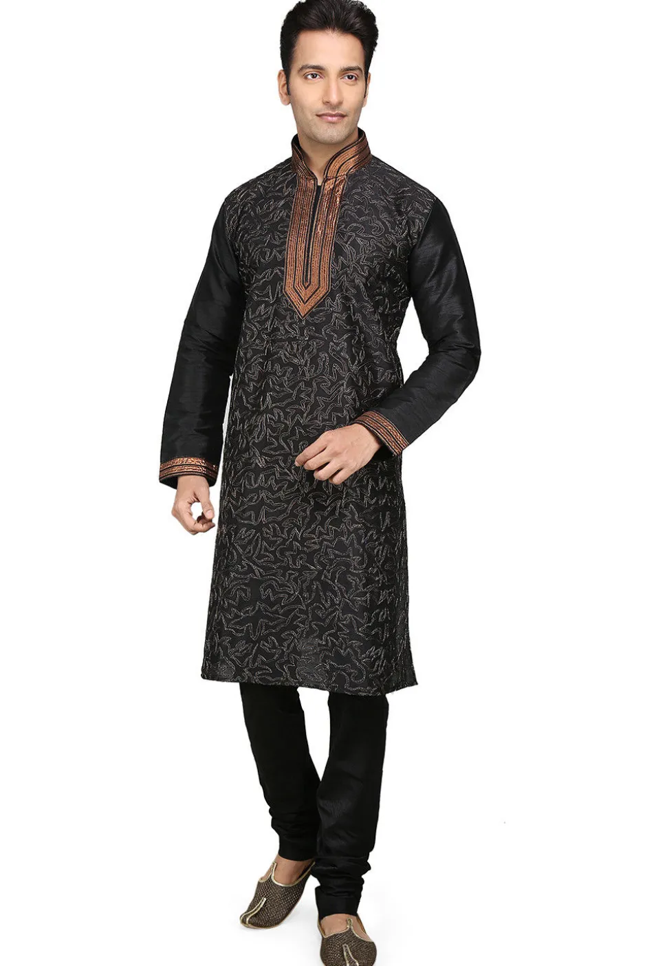 Embroidered Dupion Silk Kurta Set in Black