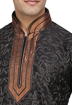 Embroidered Dupion Silk Kurta Set in Black