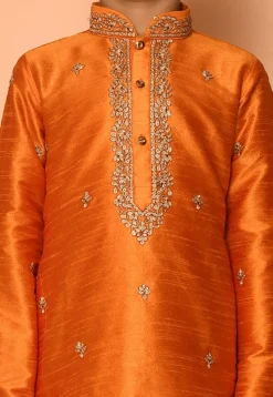 Embroidered Dupion Silk Kurta Set in Orange