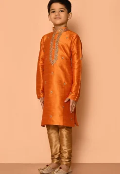 Embroidered Dupion Silk Kurta Set in Orange