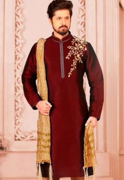 Embroidered Dupion Silk Kurta in Maroon