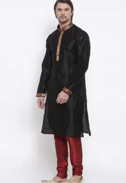 Embroidered Dupion Silk Kurta Set in Black