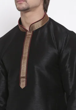 Embroidered Dupion Silk Kurta Set in Black