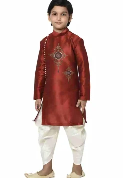 Embroidered Dupion Silk Kurta Set in Maroon