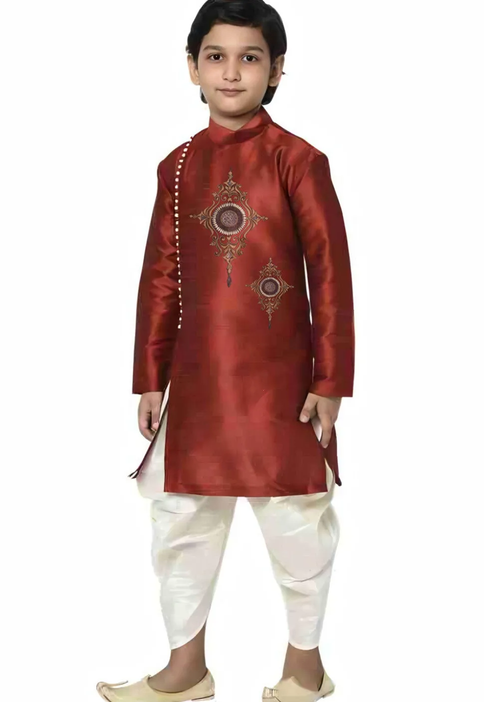 Embroidered Dupion Silk Kurta Set in Maroon
