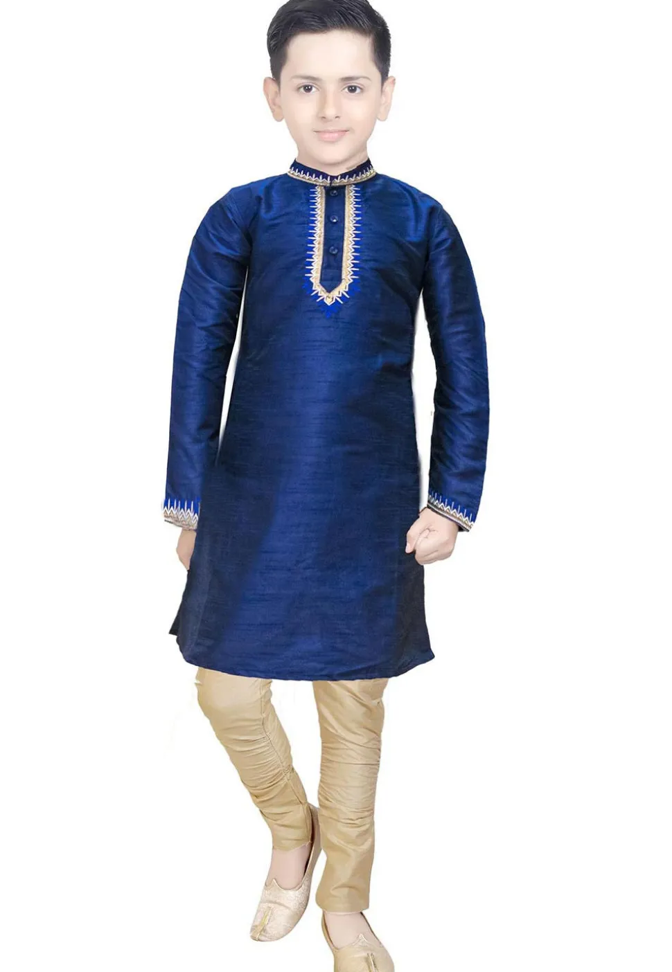 Embroidered Dupion Silk Kurta Set in Navy Blue
