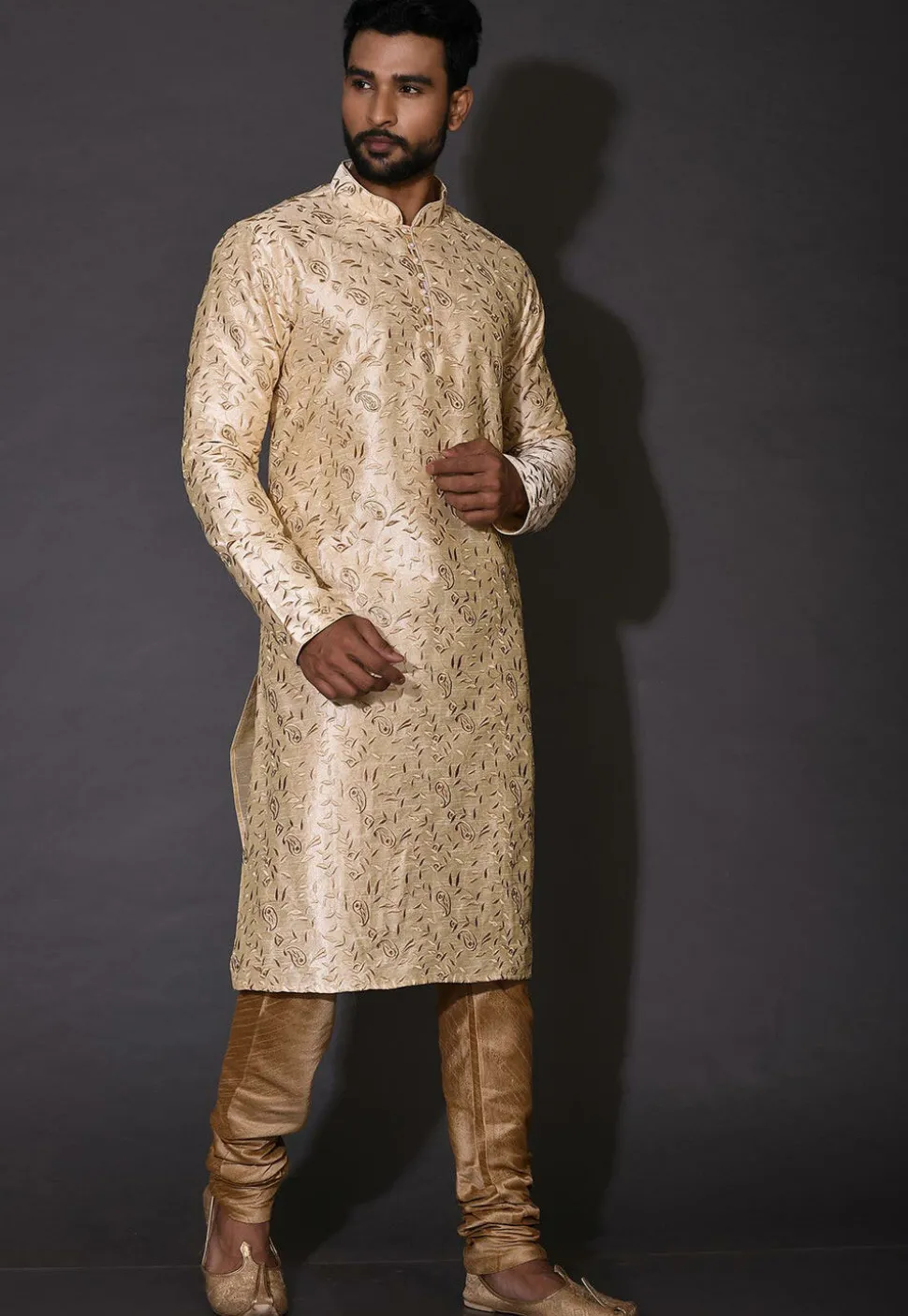 Embroidered Dupion Silk Kurta Set in Beige