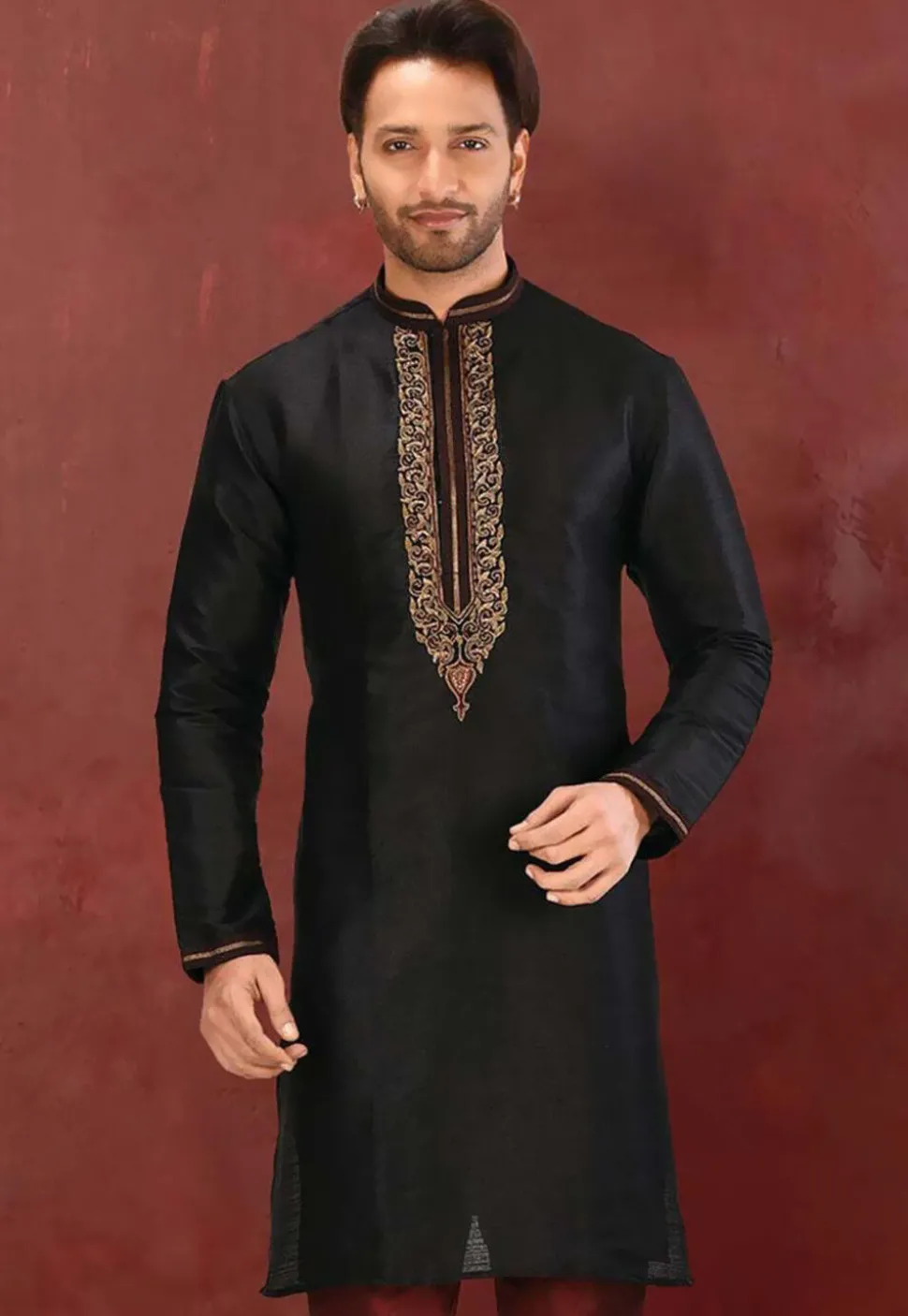 Embroidered Dupion Silk Kurta in Black