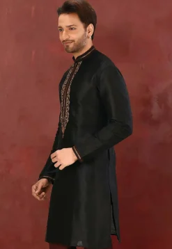 Embroidered Dupion Silk Kurta in Black