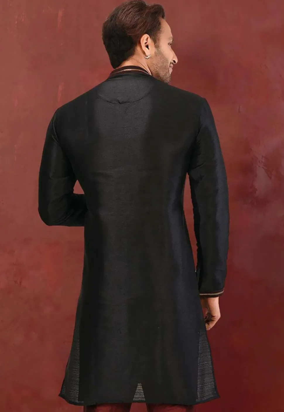 Embroidered Dupion Silk Kurta in Black