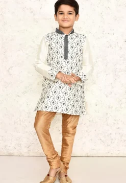 Embroidered Dupion Silk Kurta Set in Off White