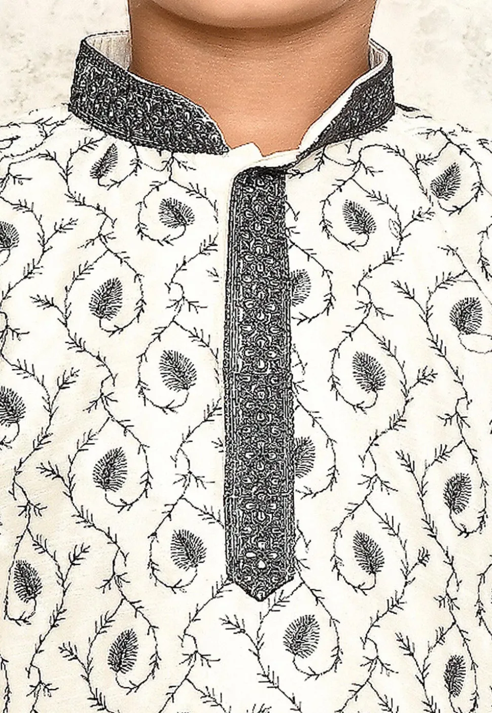 Embroidered Dupion Silk Kurta Set in Off White