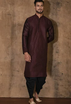 Embroidered Dupion Silk Kurta Set in Wine