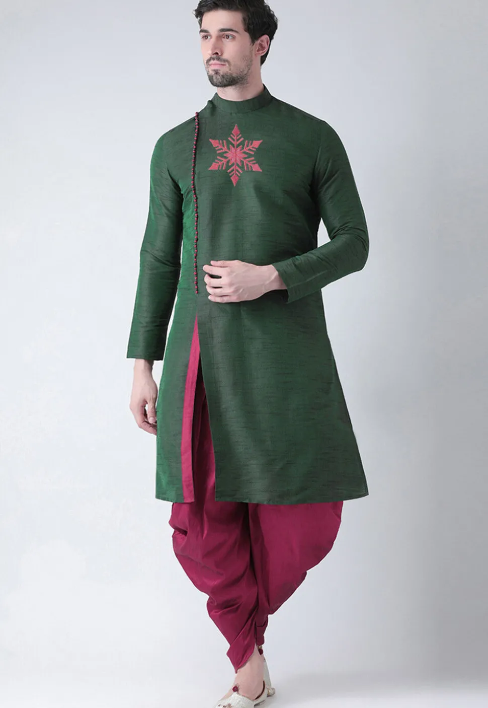 Embroidered Dupion Silk Kurta Set in Dark Green
