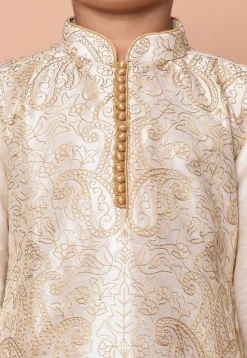 Embroidered Dupion Silk Kurta Set in Cream