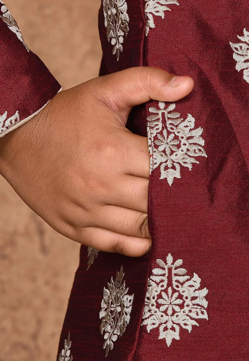 Embroidered Dupion Silk Kurta in Maroon