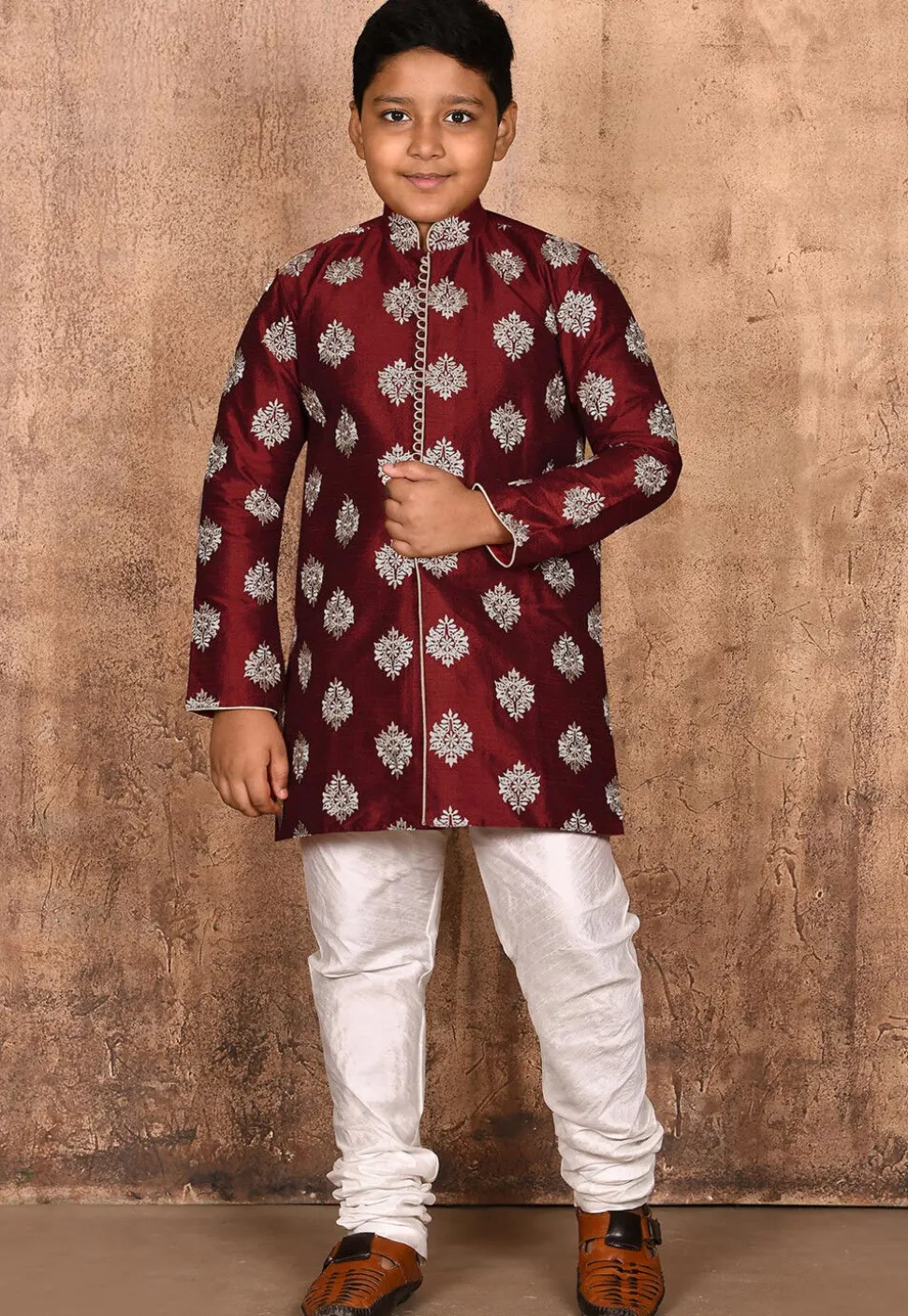 Embroidered Dupion Silk Kurta in Maroon