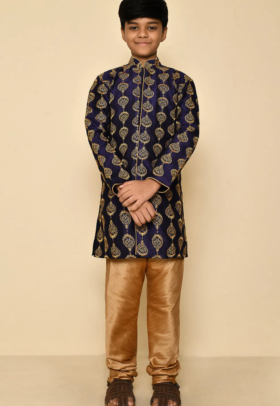 Embroidered Dupion Silk Kurta Set in Navy Blue