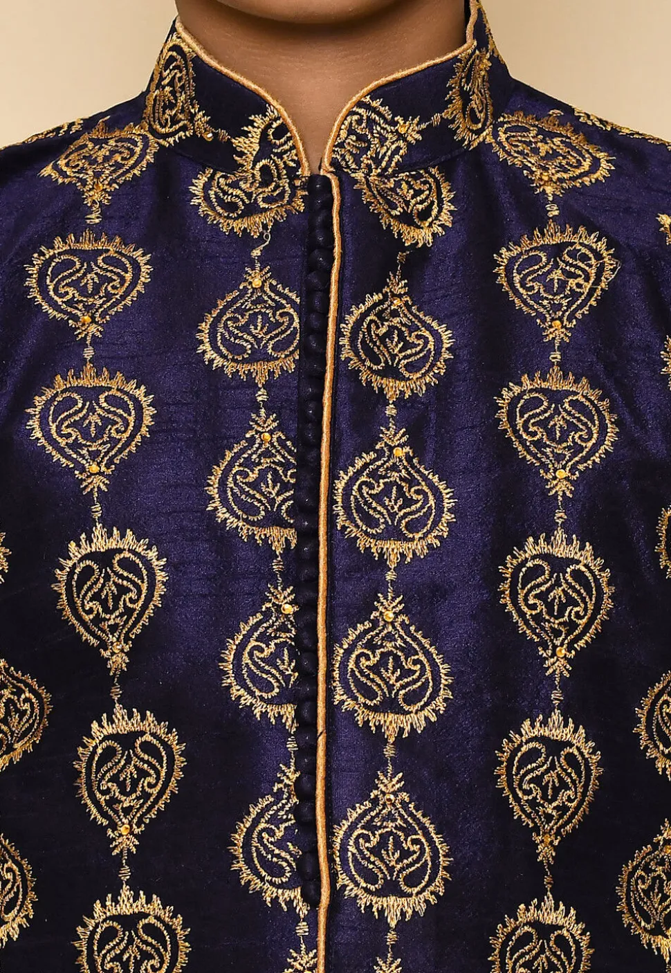 Embroidered Dupion Silk Kurta Set in Navy Blue