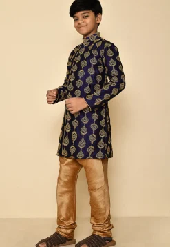 Embroidered Dupion Silk Kurta Set in Navy Blue