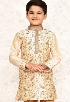 Embroidered Dupion Silk Kurta in Light Beige