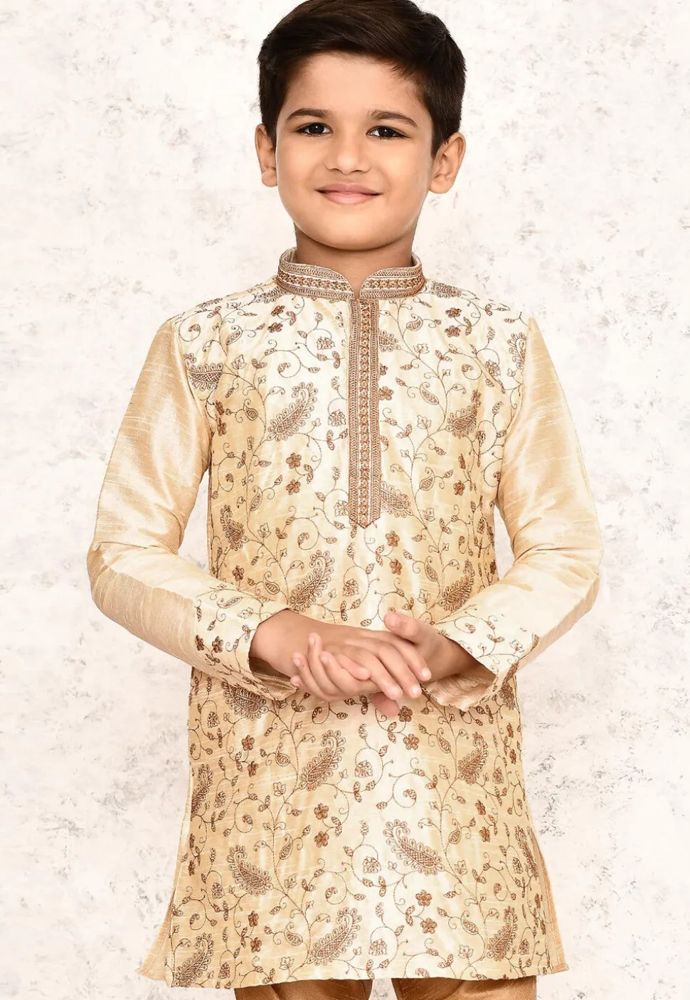 Embroidered Dupion Silk Kurta in Light Beige