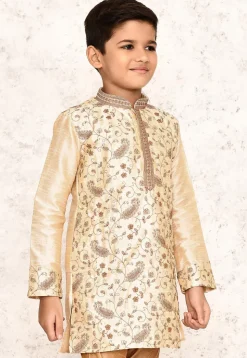Embroidered Dupion Silk Kurta in Light Beige
