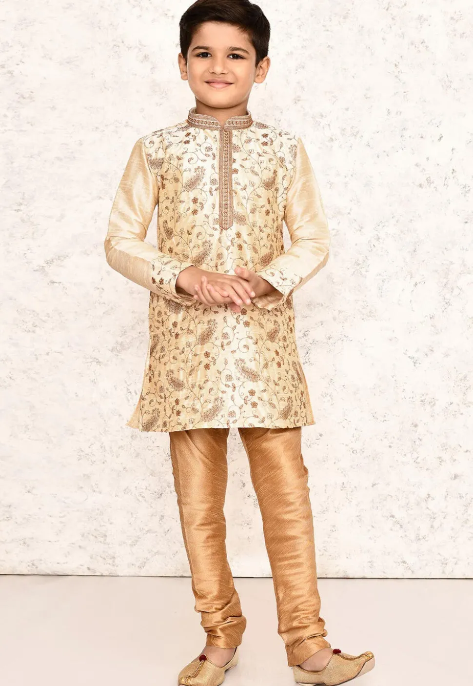 Embroidered Dupion Silk Kurta in Light Beige