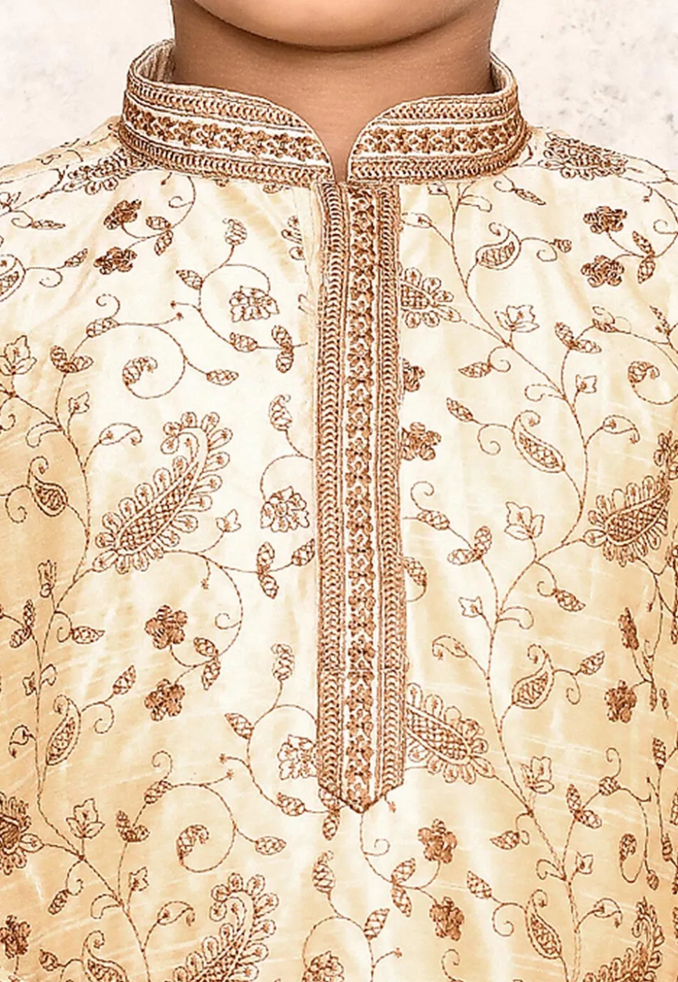 Embroidered Dupion Silk Kurta in Light Beige