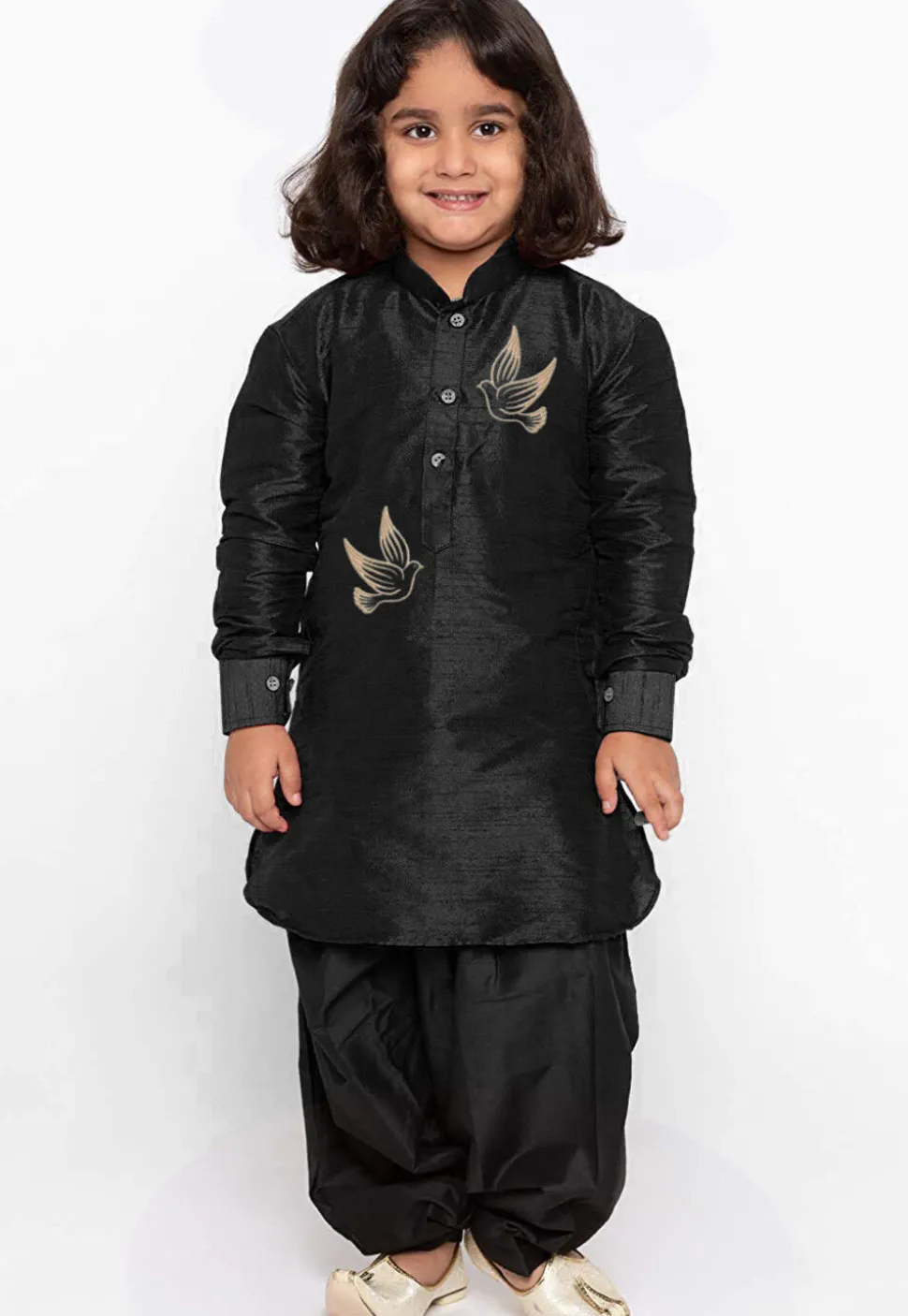 Embroidered Dupion Silk Kurta Set in Black