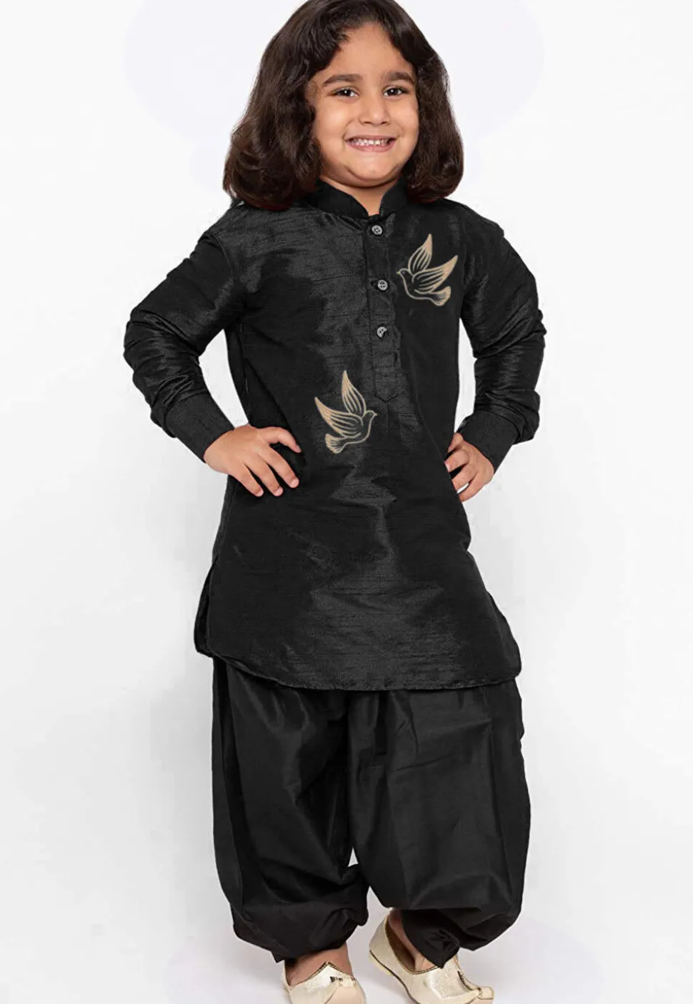 Embroidered Dupion Silk Kurta Set in Black