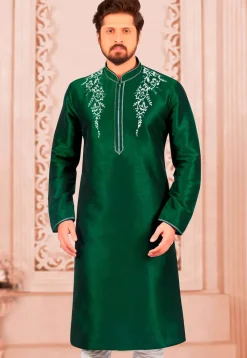 Embroidered Dupion Silk Kurta in Dark Green