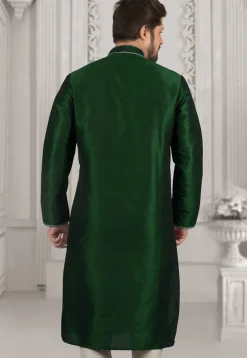 Embroidered Dupion Silk Kurta in Dark Green