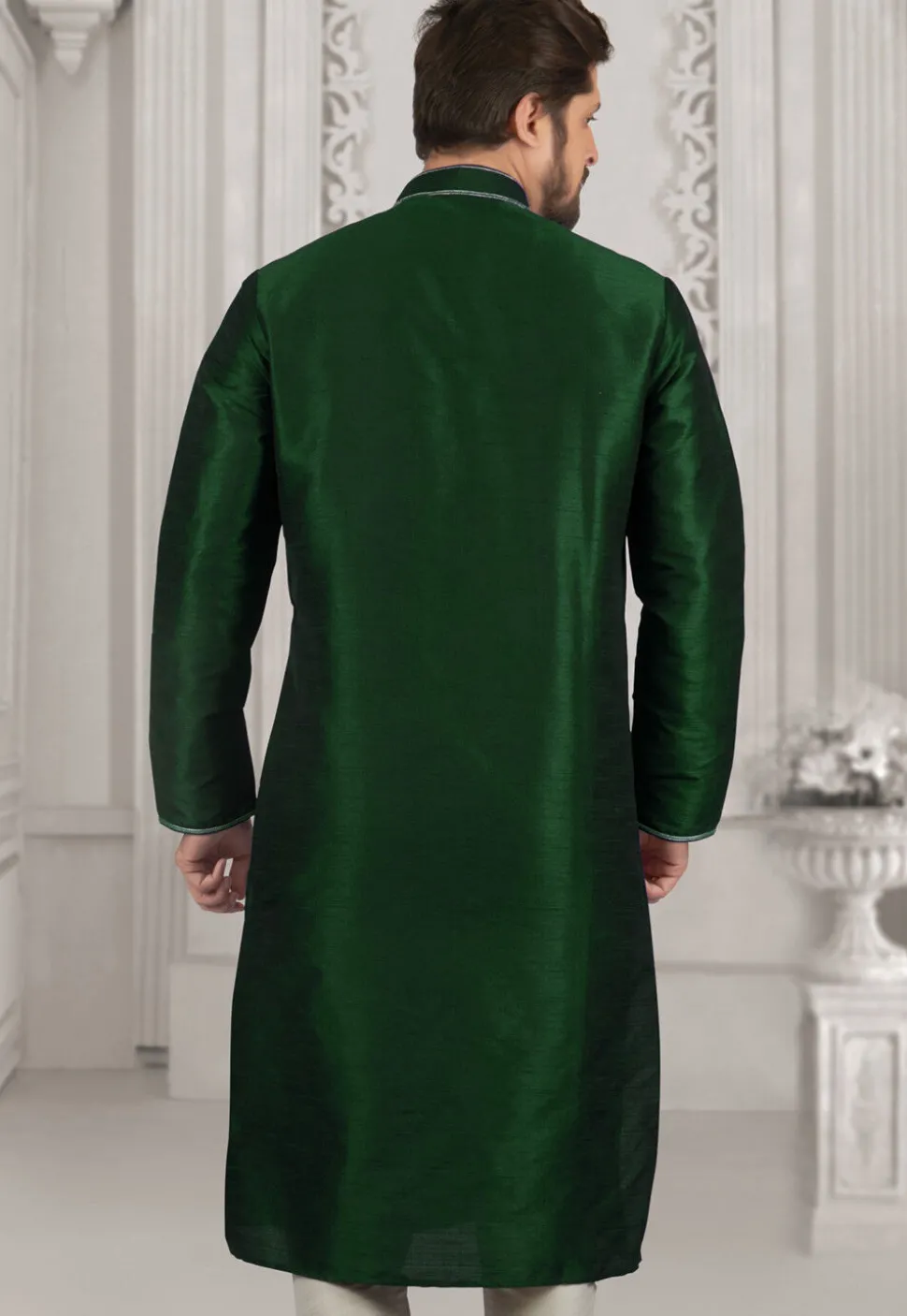 Embroidered Dupion Silk Kurta in Dark Green