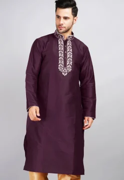 Embroidered Dupion Silk Kurta in Violet