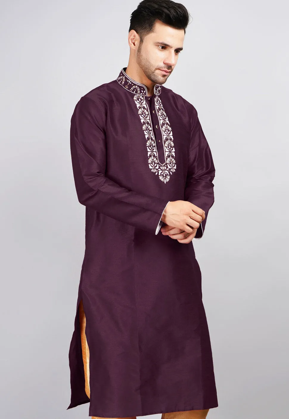 Embroidered Dupion Silk Kurta in Violet