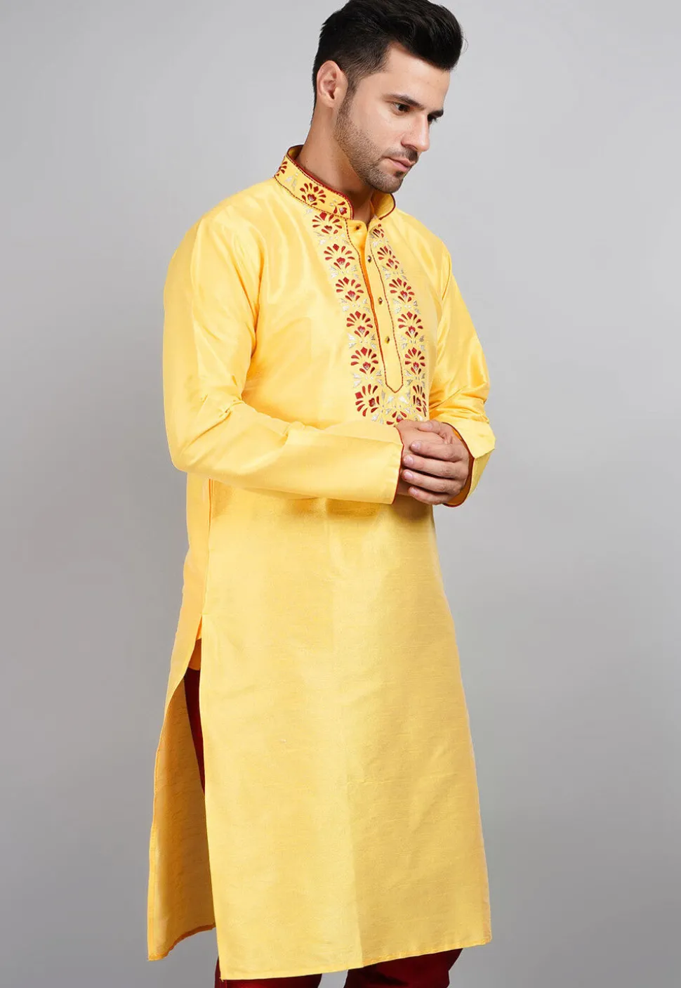 Embroidered Dupion Silk Kurta in Yellow