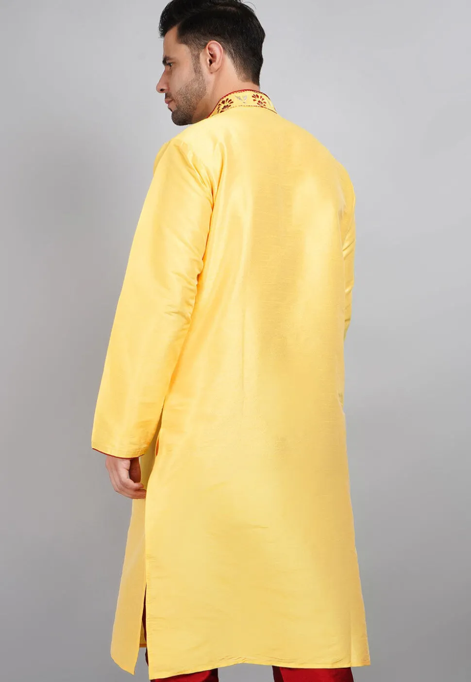 Embroidered Dupion Silk Kurta in Yellow
