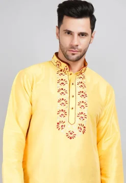Embroidered Dupion Silk Kurta in Yellow