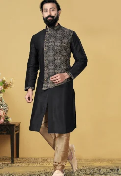 Embroidered Dupion Silk Kurta Set in Black