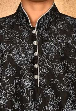 Embroidered Dupion Silk Kurta in Black