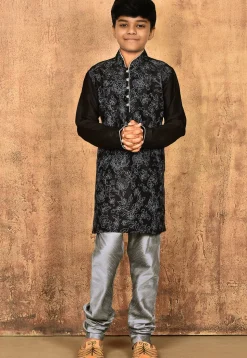 Embroidered Dupion Silk Kurta in Black