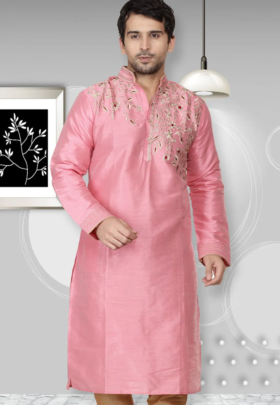 Embroidered Dupion Silk Kurta in Pink