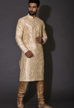 Embroidered Dupion Silk Kurta in Beige