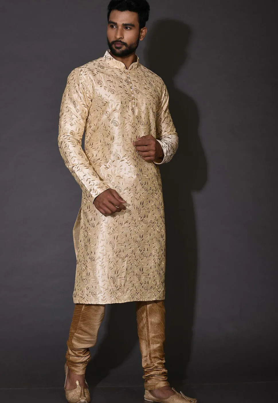 Embroidered Dupion Silk Kurta in Beige