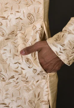 Embroidered Dupion Silk Kurta in Beige