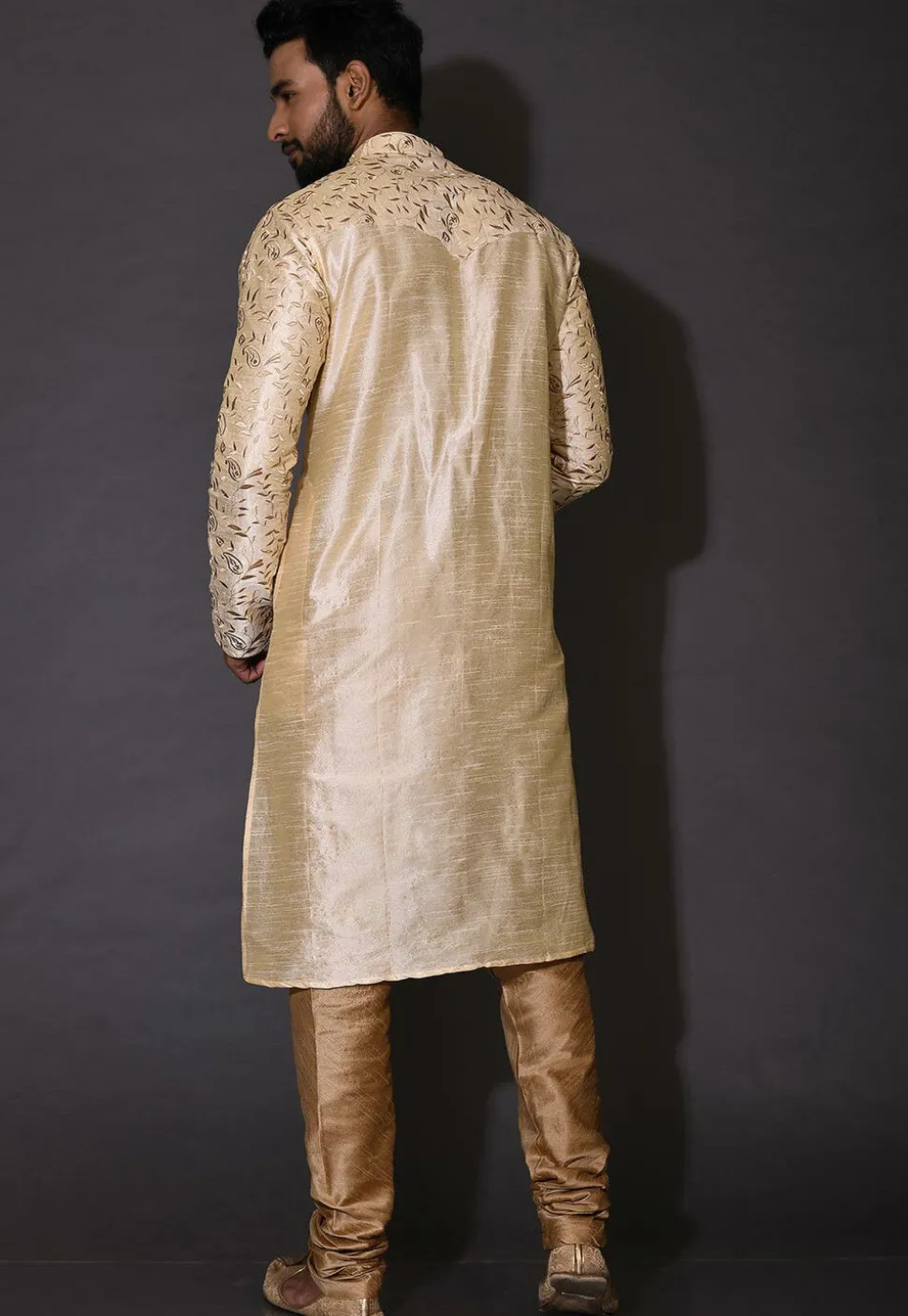 Embroidered Dupion Silk Kurta in Beige